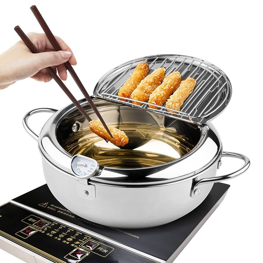 L260 Deep Fryer Pot, 9.4 Inch/3.4 L Janpanese Style Tempura Frying Pot with Lid, 304 Stainless Steel with Temperature Control and Oil Drip Draine