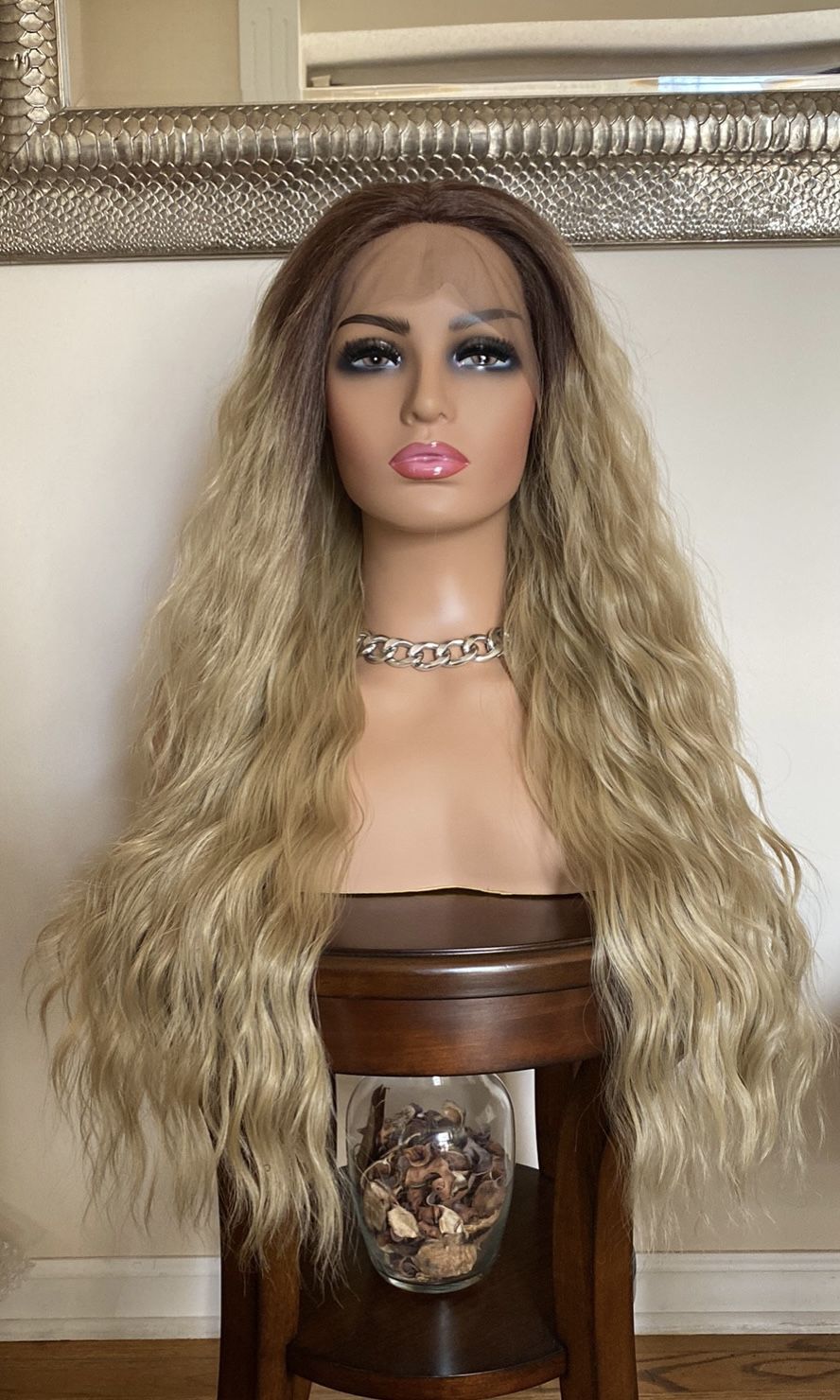 NATURAL ASH/HONEY BLONDE LACEFRONT WIG WITH DARK ROOTS NATURAL BEACH WAVES