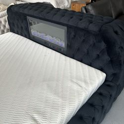 Brand New Black Tufted Tv Bed With Bluetooth And Fireplace 