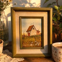 Vintage Original Wall Art Oil Painting Wood Framed Small Artwork Cottage Retro 