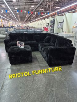 🎲 Sectional Sofa with Ottoman, Black Color, Fur-Like Jumbo Corduroy, New in the Box.