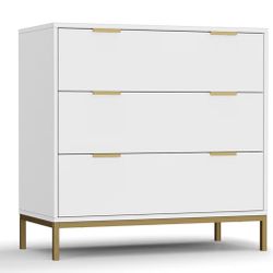New White Modern 3 Drawer Dresser Nightstand W Gold Hardware 