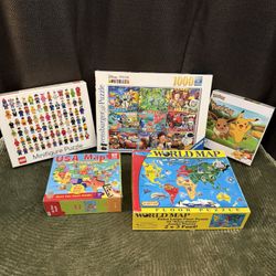 60 Piece - 1000 Piece Puzzle Lot - Disney , Lego , Pokemon , Mellisa & Doug , World Map
