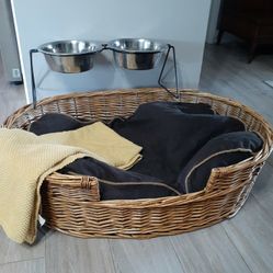 Dog Bed Basket and Elevated Stainless Steel Food Dish