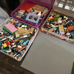 3 Bins Of Legos And Lego Board