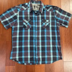 PROjekRAW Men’s Button Down Short Sleeve Plaid Print Shirt