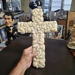 Large 16" X 11" White Seashell Cross, Perfect For Coastal Or Bohemian Themed Decor Hanging Hook On Back