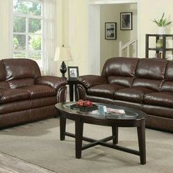 2pc Brown overstuffed Leather Sofa &Loveseat 