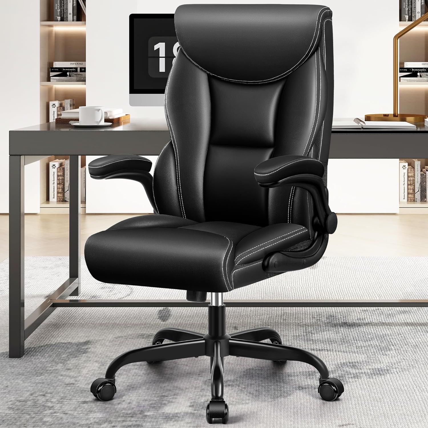Office Chair Leather, Big and Tall Ergonomic Desk Chair Executive Office Chair, Comfy PU Leather Home Desk Chair, High Back Swivel Computer Desk Chair