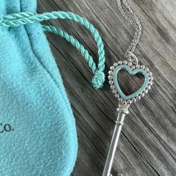 Tiffany & Co. Enamel Open Heart Key Necklace w/Pouch