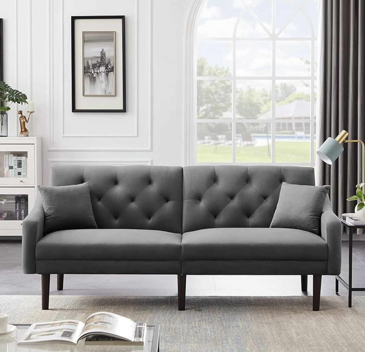 New in box Velvet Futon Sofa Bed Modern Sleeper Sofa with 6 Solid Wood Legs-grey