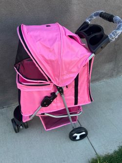 3 Wheels Foldable Pet Stroller for Small Dog Max 33lbs W/Storage Basket, Pink