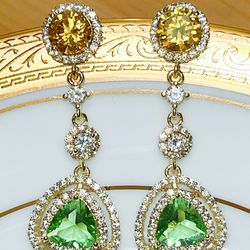 5ctw Natural Green Peridot & Diamond Earrings /14k Gold filled silver