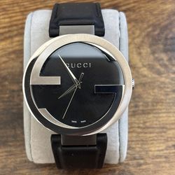 Gucci Interlocking Logo Quartz Leather Band Black Dial Womens Watch
