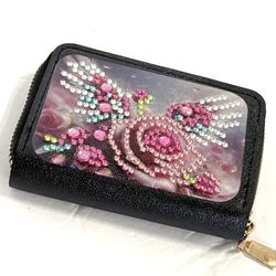 Blinged Faux Leather Card Wallet 11-Pocket Rose & Wings NEW