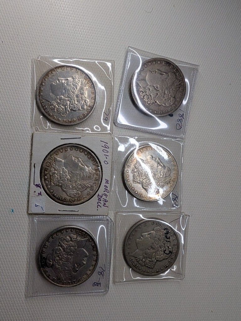 6x Morgan Silver Dollars 1880, 2x78-s, 79, 1921-s,1901-o