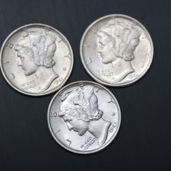 Three Beautiful UNC Mercury Silver Dimes 
