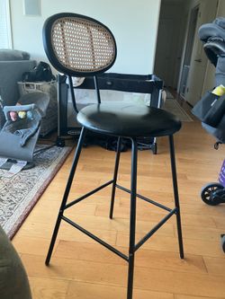 Mid-Century Modern Black Rattan & Metal Bar Stools - set of 4