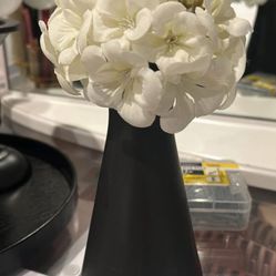 Small Black Ceramic Flower Vase With White Faux Flowers 