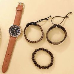 1pc Men Round Pointer Quartz Watch & 3pcs Bracelet