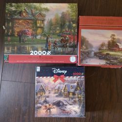 Lot Of 3 Jigsaw Puzzles Kinkade Disney