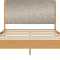 DHP Dacin Wood Bed Frame with Upholstered Headboard, Queen, Beige, Linen