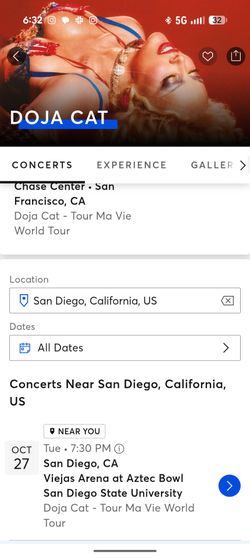 2 tickets to Doja Cat at Viejas Arena Sec R Row 30