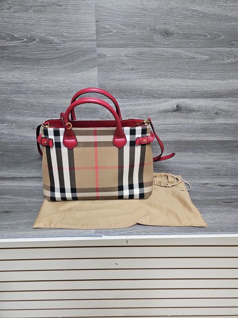 Burberry Banner Tote House Check Derby Red Medium Bag
