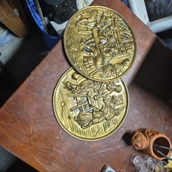 Vintage Brass Wall Plaques – European Tavern Scenes (Set of 2)
