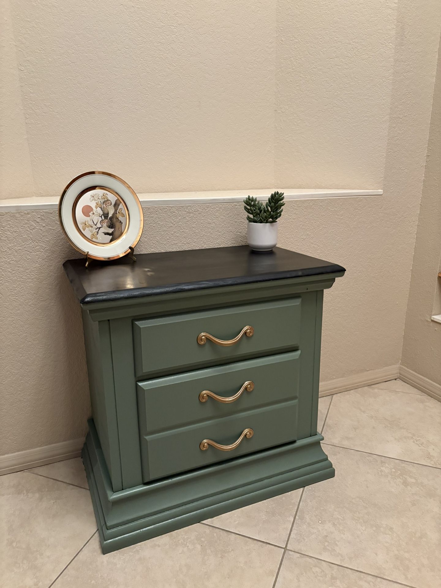Elegant Sage Green & Black Nightstand / End Table