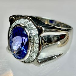 14k White Gold Huge Mens Tanzanite Diamond Ring