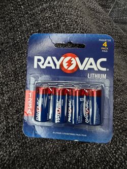 Pack of 4 NEW Rayovac size 123A Lithium 3V photo batteries in a 4-pack blister card.