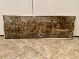 Vintage Romantic French Aubusson Scenic Verdure Tapestry Framed 30” X 10” Beautiful Wall Art Artwork