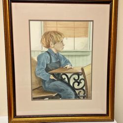 Folk Art Watercolor Painting of Amish Boy in School Framed