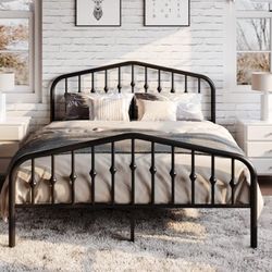 Queen Bed Metal Platform Bed Frame with Victorian Style Wrought Iron-Art Headboard/Footboard, No Box Spring Required, Black