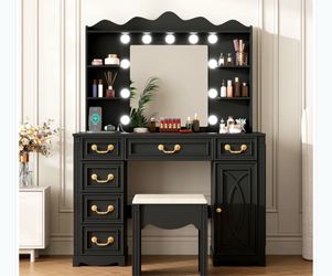 Black Vanity Desk with Lighted Mirror and Stool