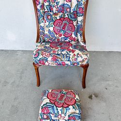 Upholstered Chair With Footstool and Pillow