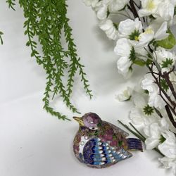 Vintage White Cloisonné Enameled Metal Gold-Tone Bird Figurine – 3” 