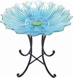 Outdoor Glass Birdbath with Metal Stand for Outside Yard Garden Decor, 18 inch Diameter Blue Bird Baths Bowl for Outdoors, 21 inch Height  Bird bath i