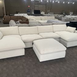 Cream White Feather Down Double Chaise Sectional 