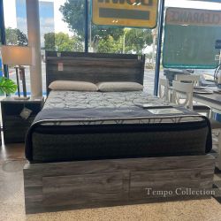 BEDROOM SET, 4 PC QUEEN BED FRAME WITH STORAGE, DRESSER, MIRROR AND NIGHTSTAND -NEW-