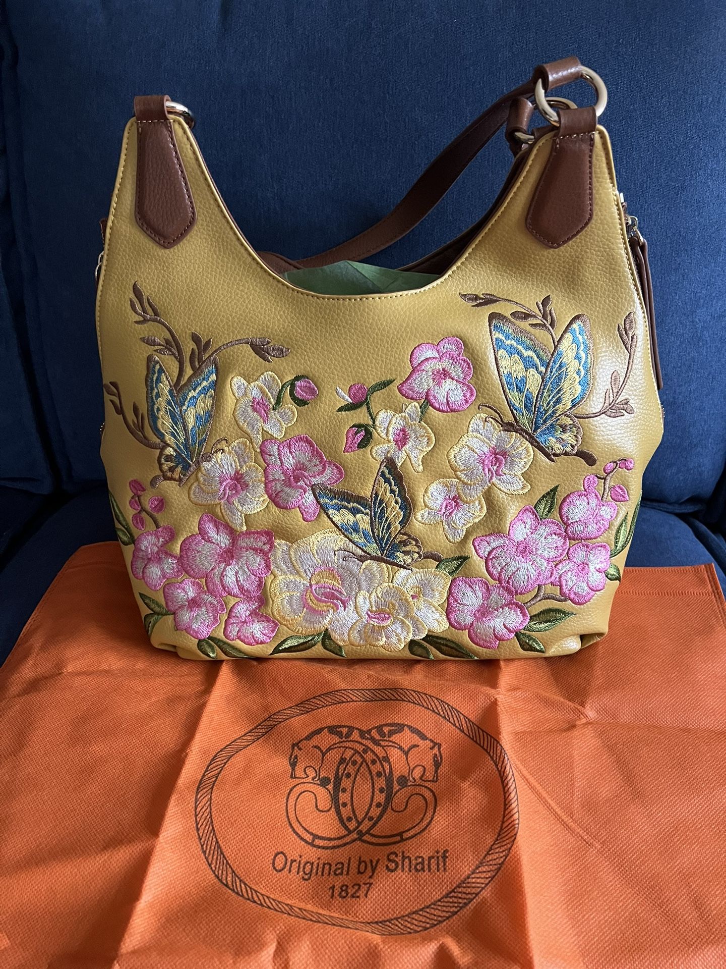 Sharif Mustard Yellow Brown Embroidered Butterfly Hobo Shoulder Handbag Purse