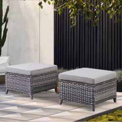 Gray Wicker Outdoor Ottoman, All-Weather Patio Ottomans (Set of 2) PE Wicker Steel Frame with Gray Cushions (2-Pack)
