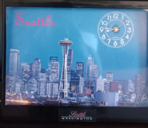 Vintage Wall Clock Seattle Skyline Which Includes The Space Needle & Buildings Retro Style w/ Fiber Optic Lighting