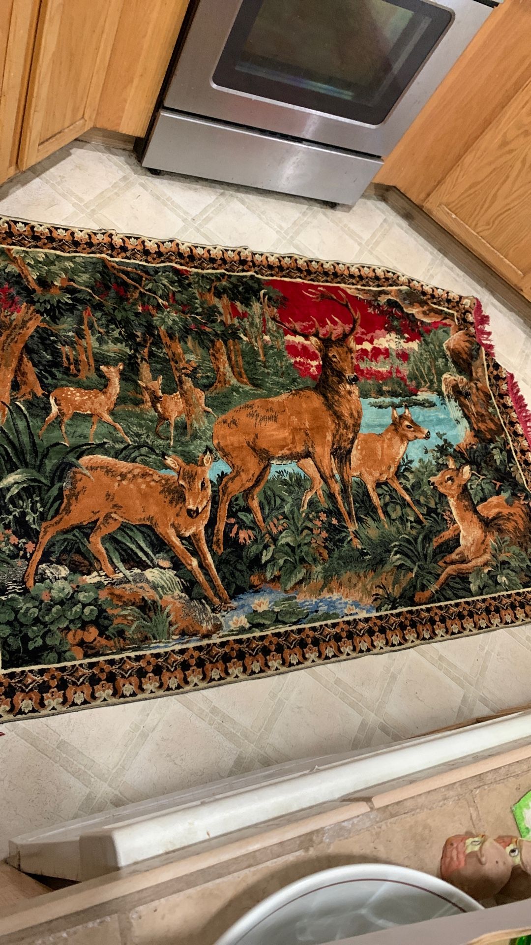 Massive 6’x4’ Vintage Deer Tapestry Rug Or Hanging
