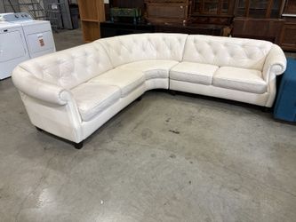 Vintage Ivory Leather Button Tufted Curved Corner Sectional with Rolled Arms