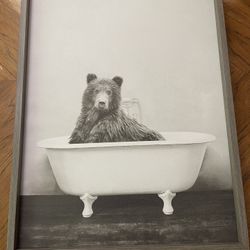 Bear in Tub on Canvas in Light Weight Wood Frame - Excellent to Like New Condition 