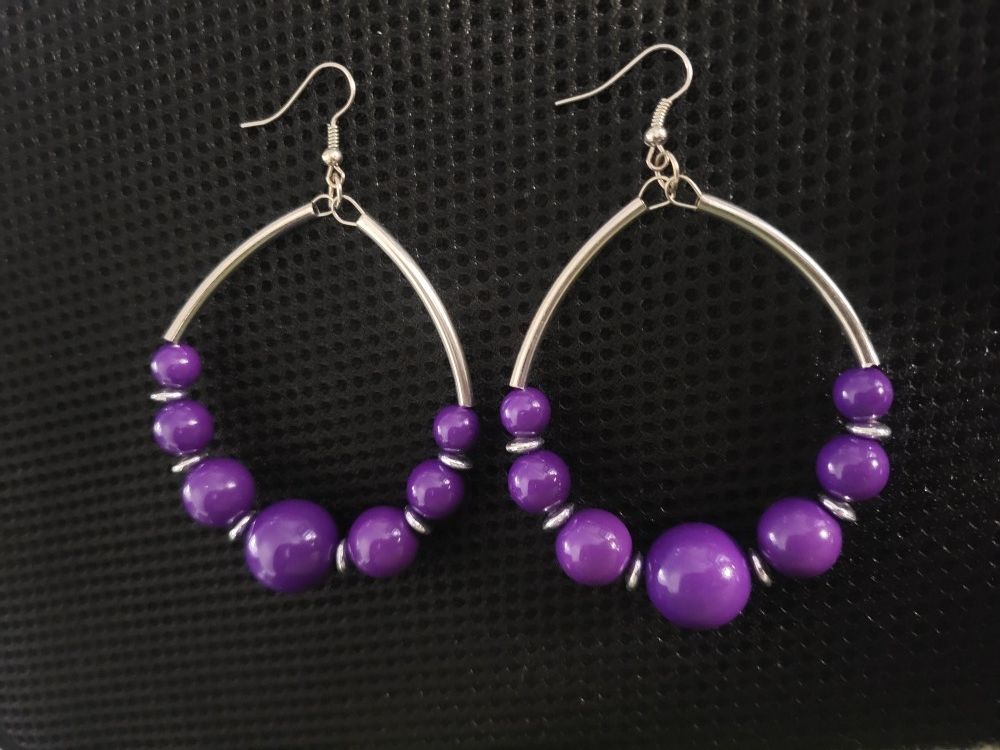 New Pair Of Purple And Silver Extra Large Teardrop Hoop Earrings!