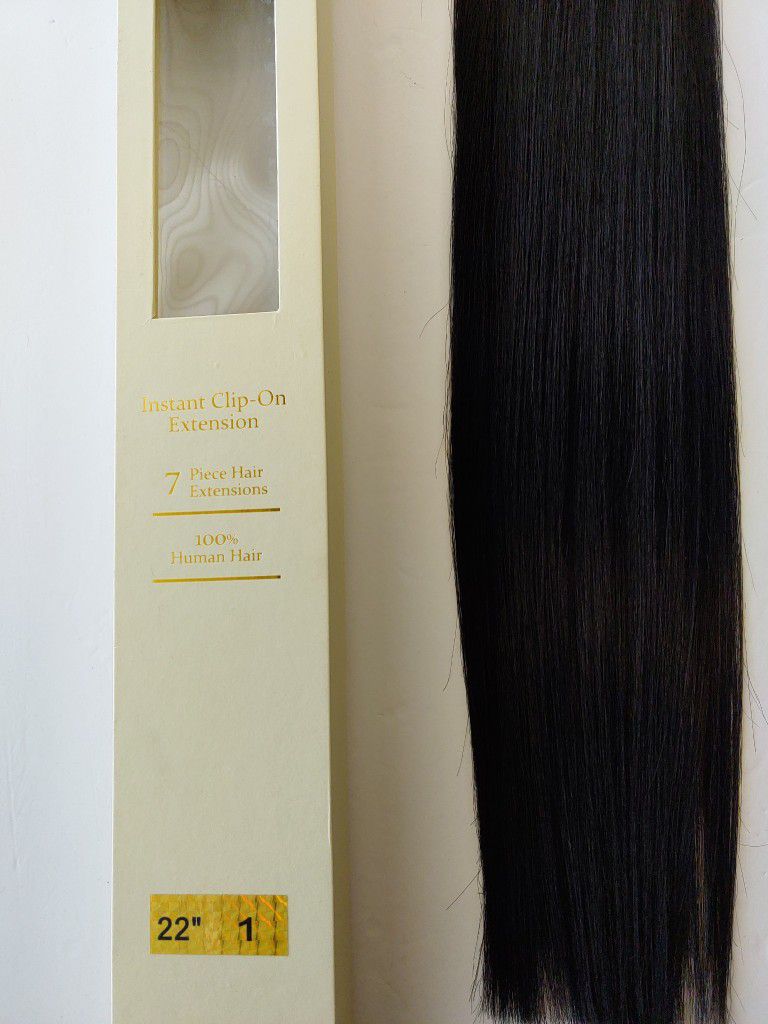 22" Jet-black "Full" Clip-on human hair extensions - Get length and fullness - Easy To style yourself