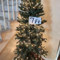 Christmas Tree ~ 7' PRE-LIT SLIM w/ VINTAGE Silver Urn Planter Vase + VINTAGE GLASS Ornaments/Wired Fabric Ribbon Garland/Table Decor/Wall Art Work